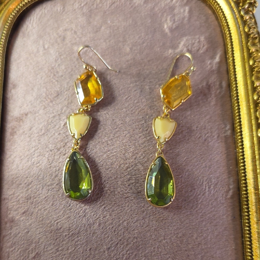 Gold, Cream and Green Drop Earrings